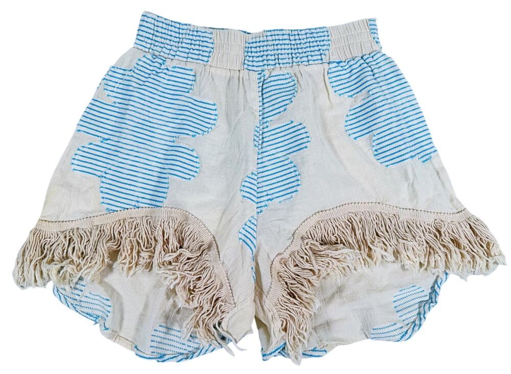 Pearl & Caviar Womens Fringe Hem Embroidered Cotton Shorts XS/S Blue Boho Beach
